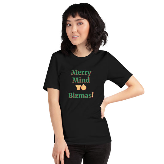 Unisex M/W T-shirt "Merry Mind Yo Bizmas" Grn Gld