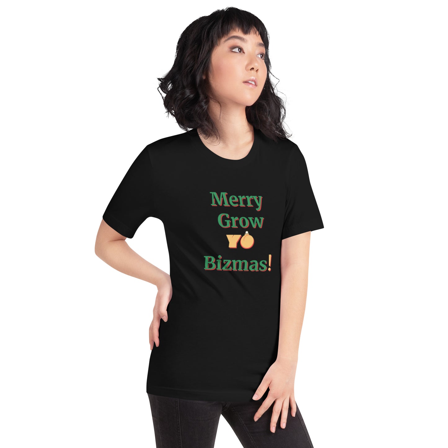 Unisex M/W T-shirt "Merry Grow Yo Bizmas" Grn Gld